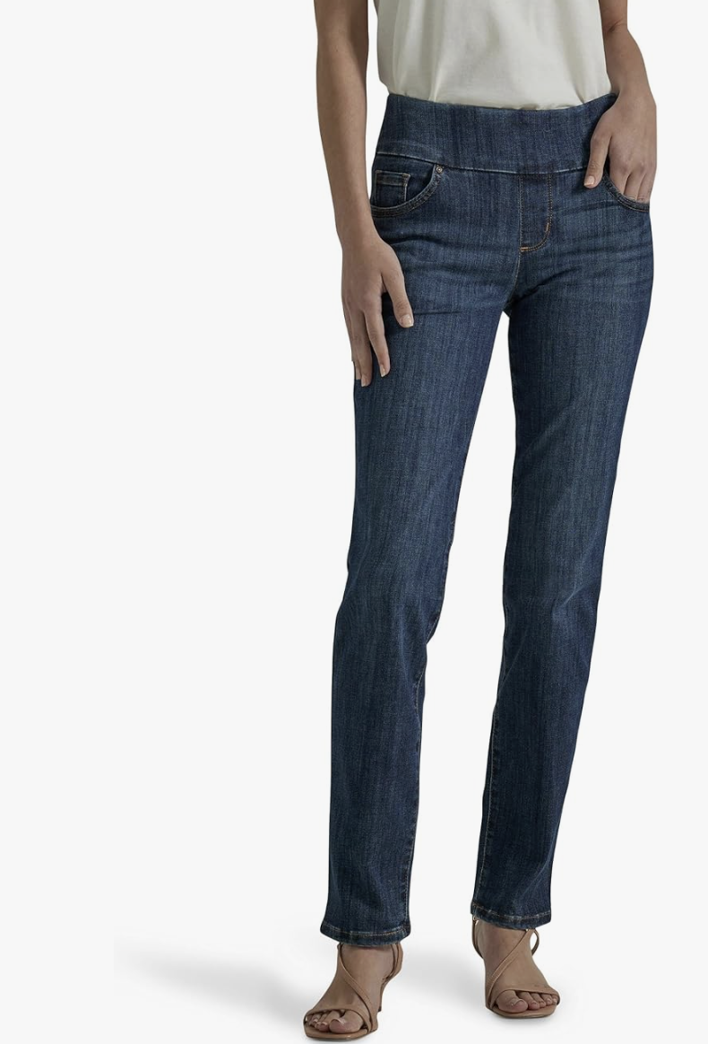 Lee Women’s Sculpting slim fit pull-on jeans in a dark wash, featuring a tummy control panel and a smooth waistband for a comfortable mom-friendly fit.