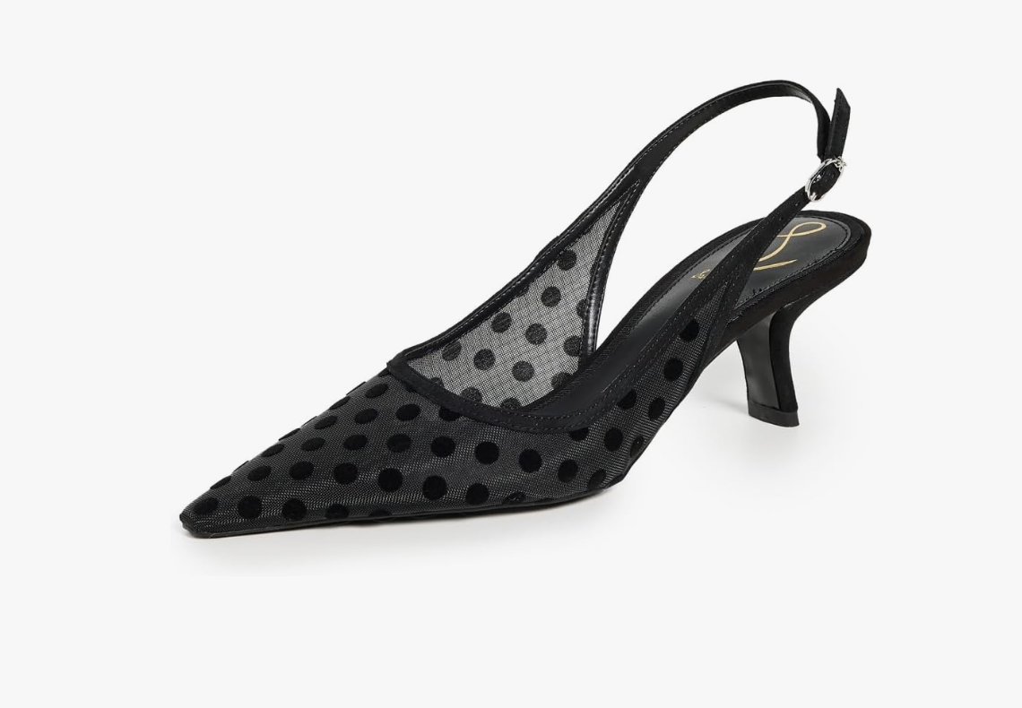 A pair of Sam Edelman Bianka slingback pumps featuring a black mesh upper with small black polka dots, a pointed toe, and a manageable kitten heel, shown on a white background.