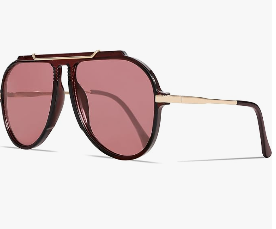 Deep cherry red oversized aviator sunglasses with gold hardware, a key accessory for the 2026 bold color trend.