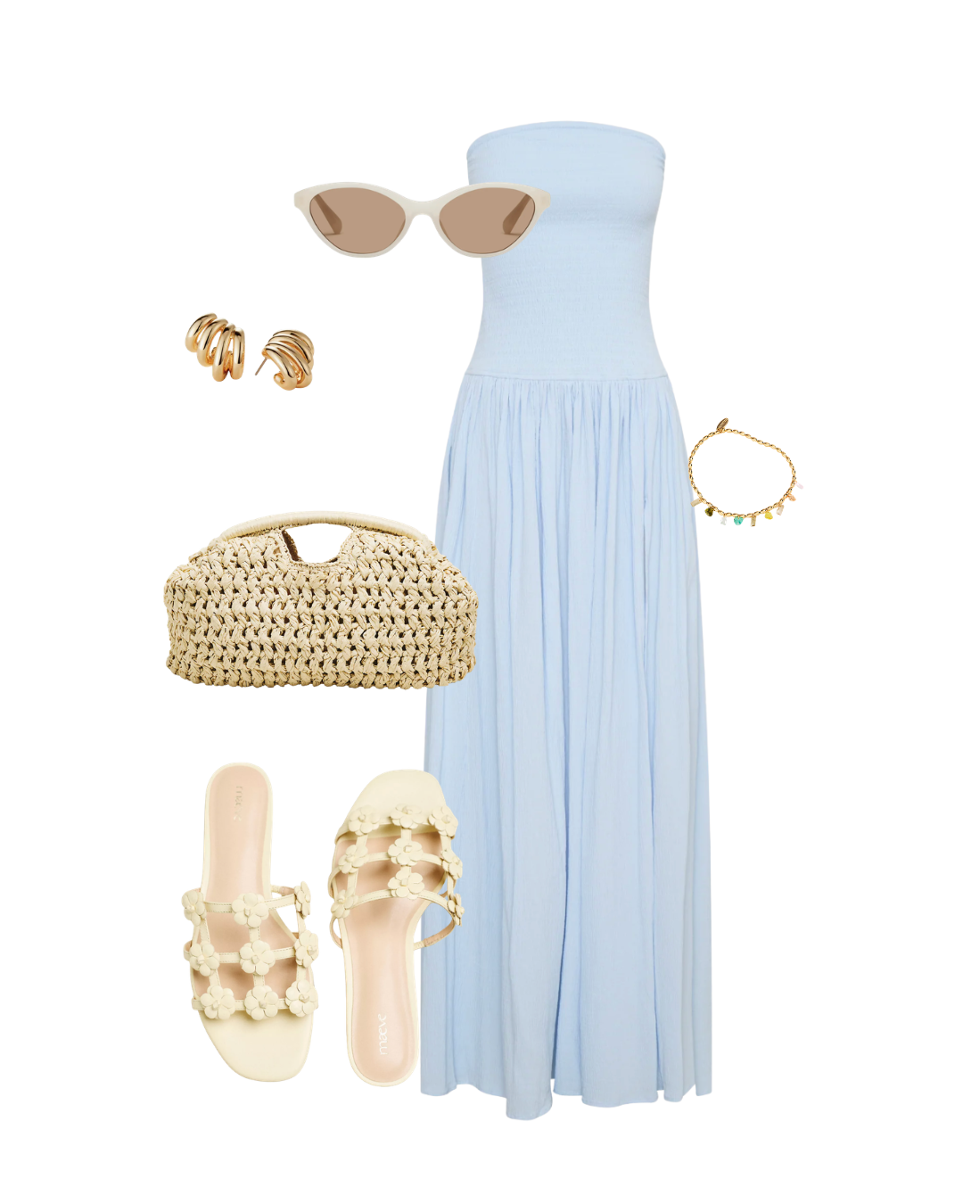 A resort outfit collage for a Cabo beach club lunch featuring yellow and blue Mediterranean print shorts, a white halter neck top, beige woven leather slide flats, a brown mesh tote bag, and a gold pendant necklace.