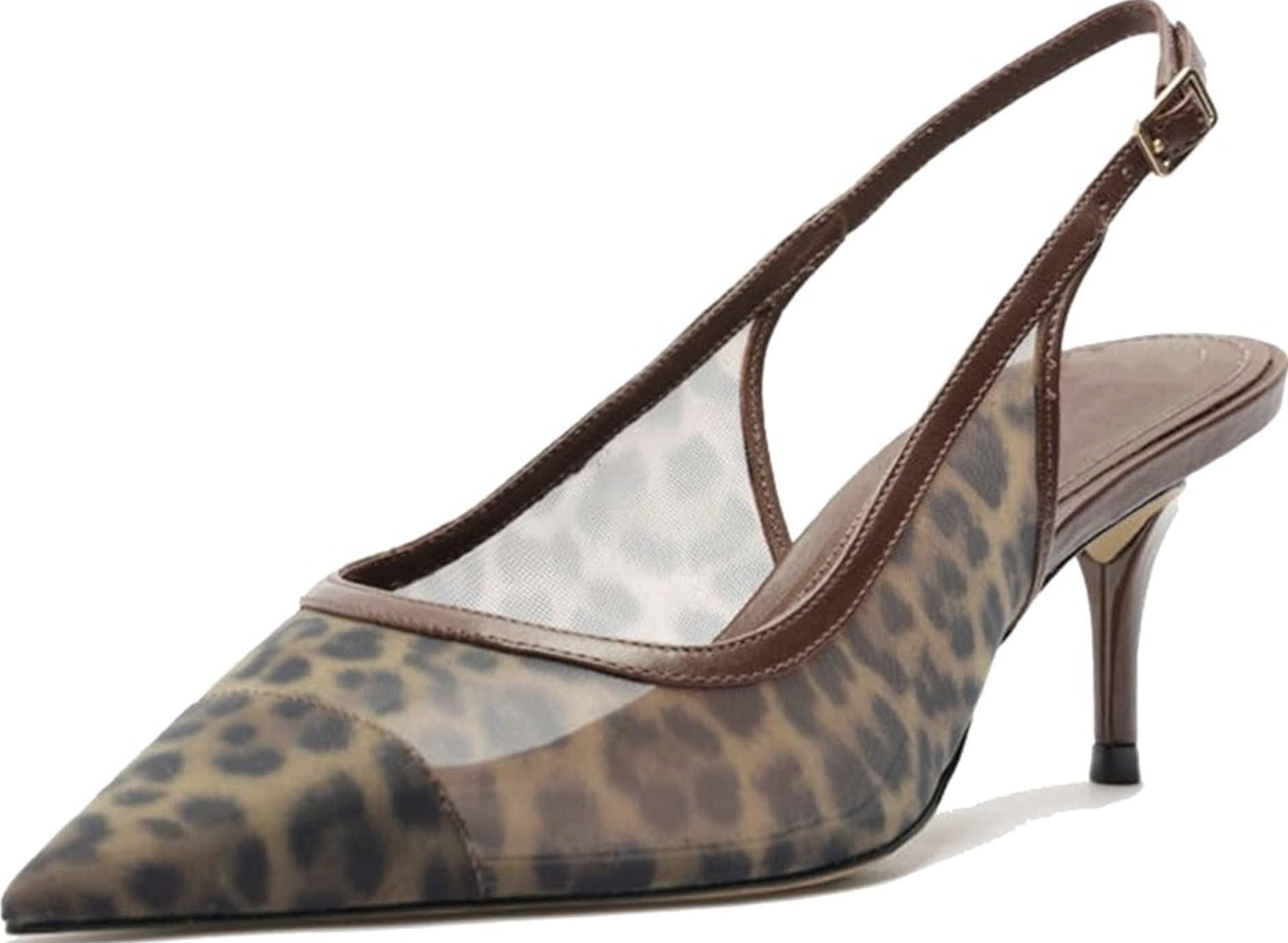 A pair of leopard print mesh kitten heels featuring a pointed toe, brown leather trim, and a slim slingback strap on a transparent background.