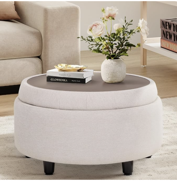 Neutral lidded storage ottoman in a small living room
