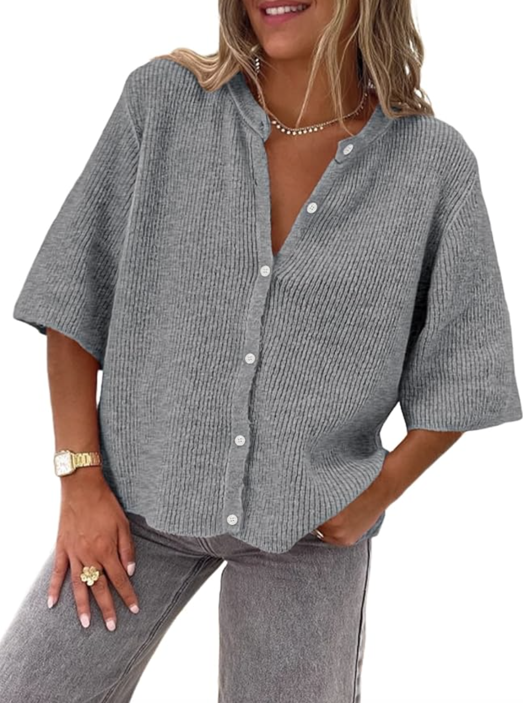 Woman wearing a LILLUSORY gray short-sleeve cropped cardigan with gold buttons, a sophisticated and breathable spring layer for women over 60.