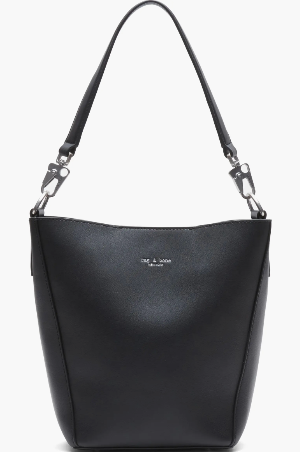 Rag & Bone Parker medium black leather bucket bag with silver hardware set against a plain background.