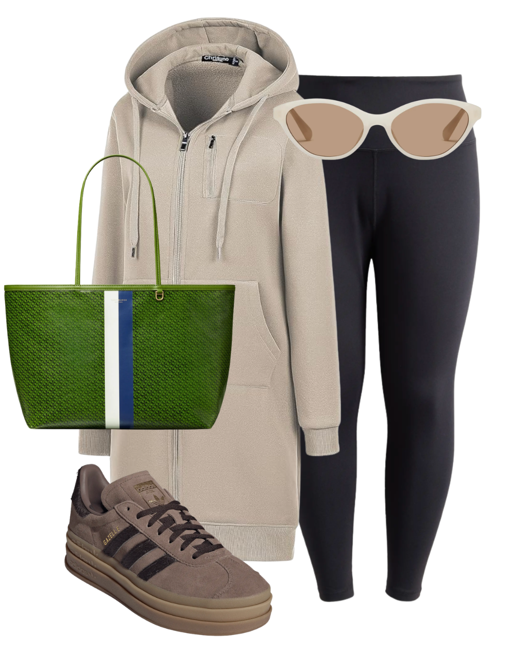 Flat lay of a comfortable long-haul flight airport outfit featuring a tan longline hoodie, black ponte leggings, platform sneakers, and a green canvas travel tote bag.