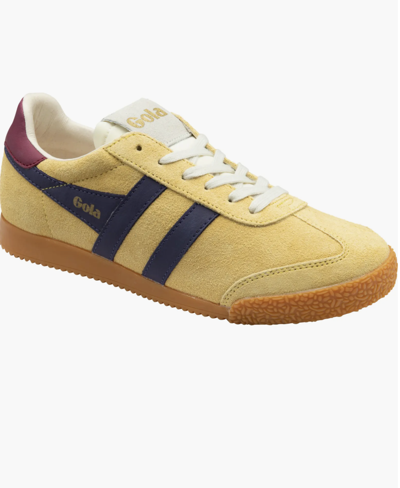A pair of yellow and navy Gola Elan retro-style sneakers, a colorful yet polished choice for creative office work sneakers.
