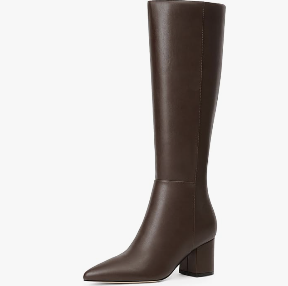 A pair of brown leather knee-high boots with a chunky block heel and a sharp pointed toe, perfect for styling with a sweater dress.