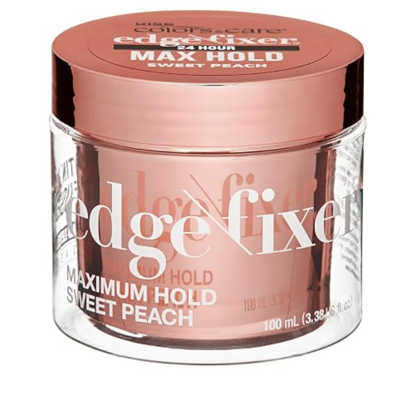 Jar of KISS COLORS & CARE Maximum Hold Edge Fixer in Sweet Peach with a pink lid.