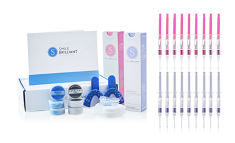 A custom at-home teeth whitening kit by Smile Brilliant, featuring custom-fitted dental trays, whitening gel syringes, and desensitizing gel.