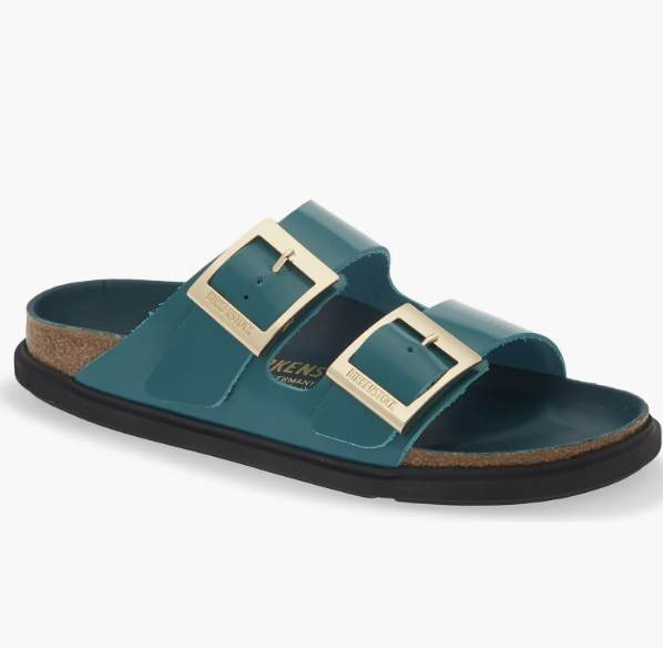 Birkenstock Arizona Droplet Buckle Slide Sandal in High Shine Dark Teal featuring oversized gold droplet buckles and a contoured cork footbed.