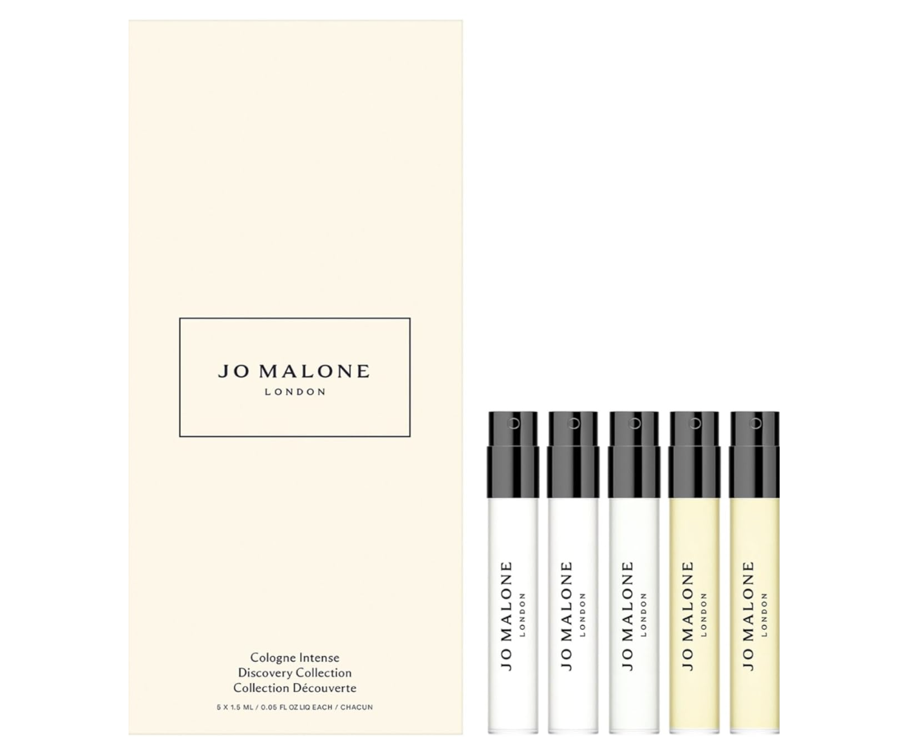 Jo Malone London Cologne Intense Discovery Collection featuring five mini perfume vials and a cream-colored gift box.