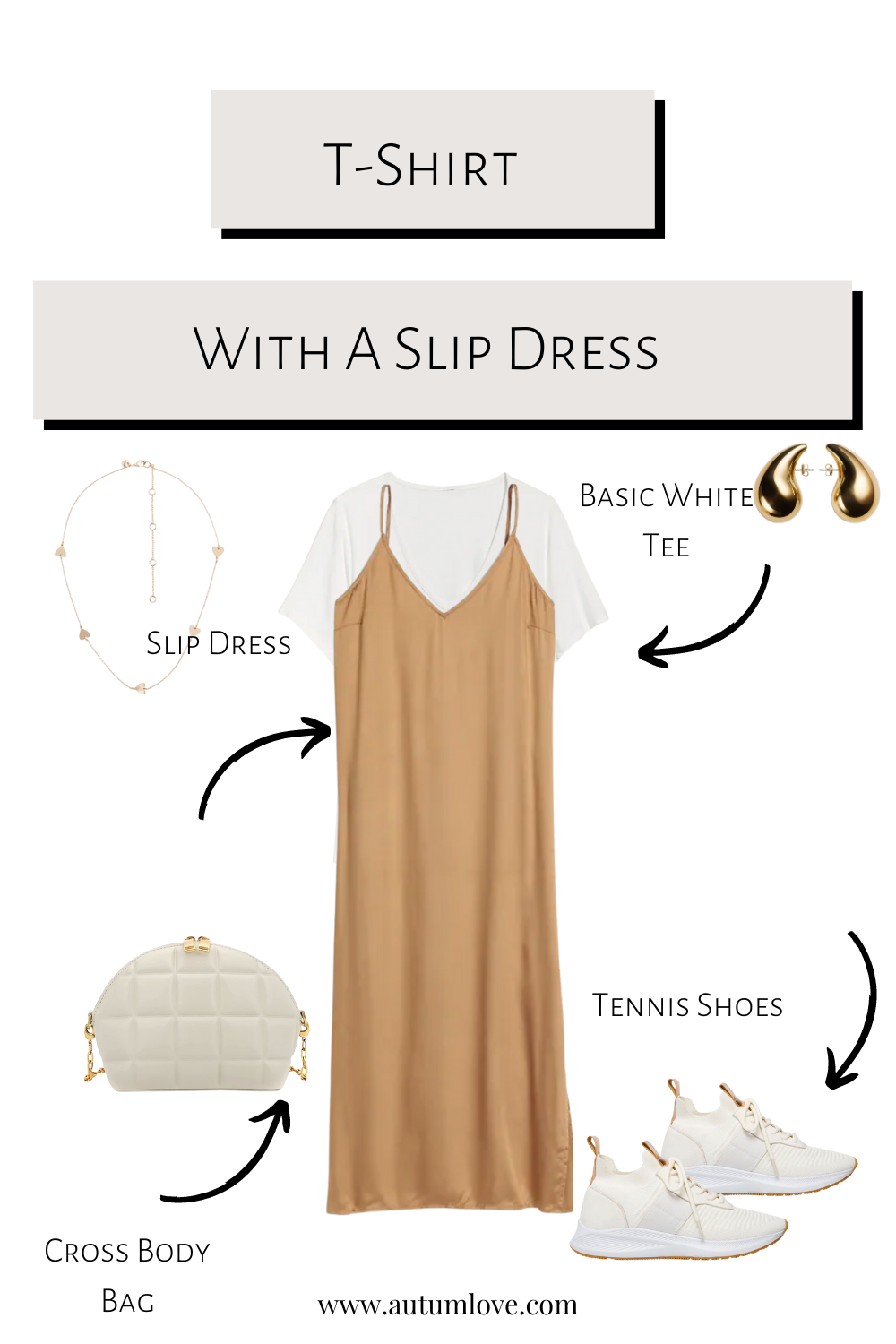 Stylist demonstration of a white slim-fit t-shirt layered under a black midi slip dress, styled with white sneakers and a delicate gold necklace.