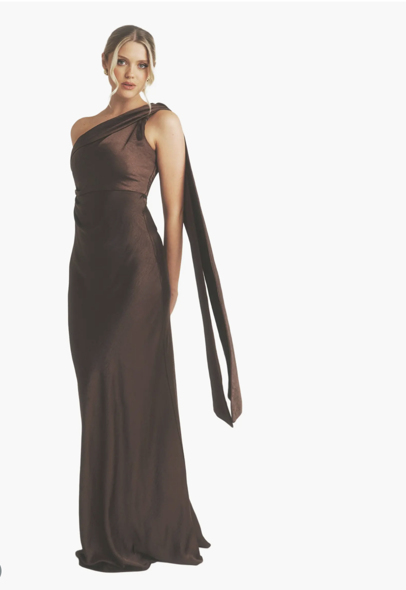 Chocolate Six Stories one-shoulder satin dress with a draped neckline.