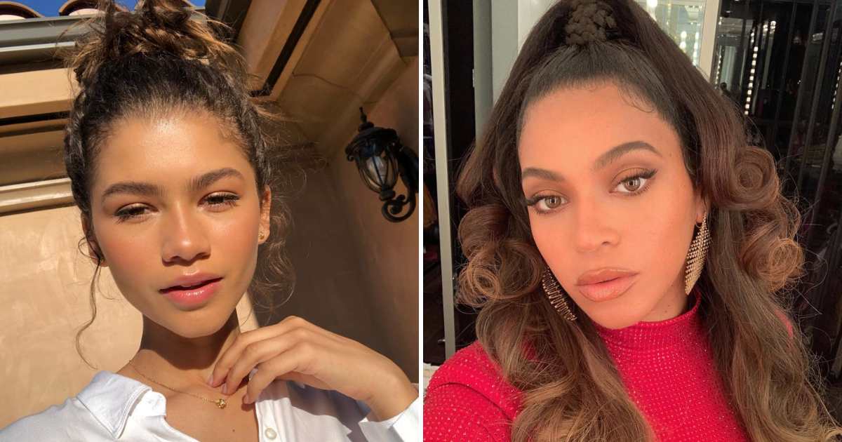 A side-by-side comparison of Zendaya with a sleek updo and Beyoncé with voluminous honey-blonde waves, illustrating how different hairstyles complement an oval face shape.