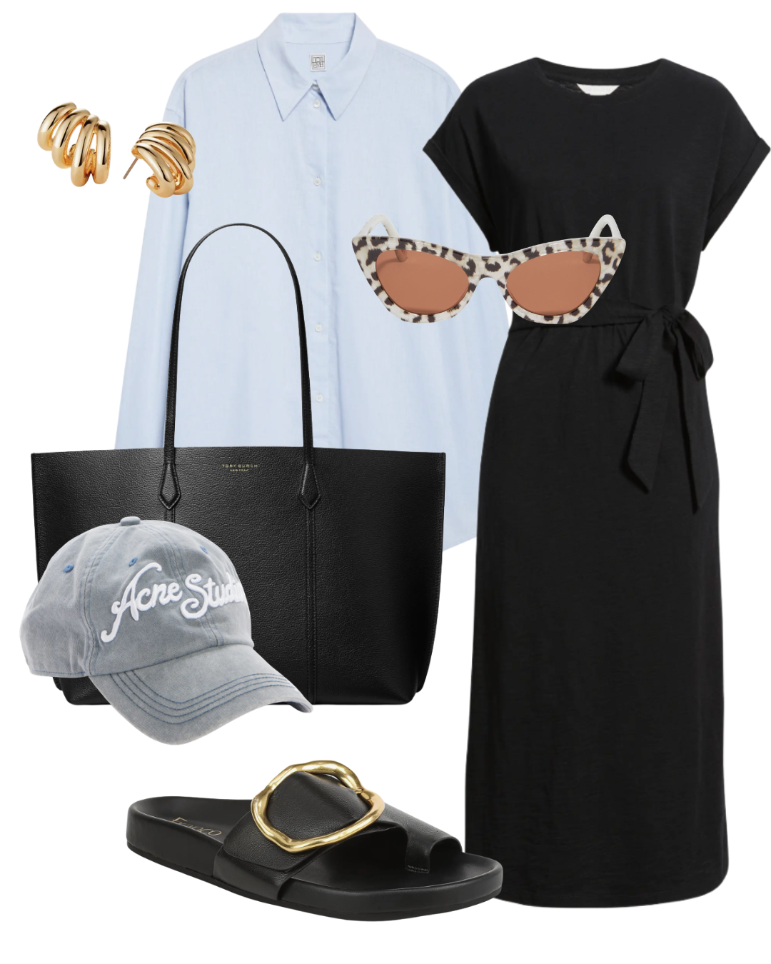 A summer airport outfit formula featuring a black sleeveless midi dress, an oversized light blue button-down shirt, black leather slide sandals with gold buckles, a black leather tote bag, a blue baseball cap, and tortoise shell sunglasses.