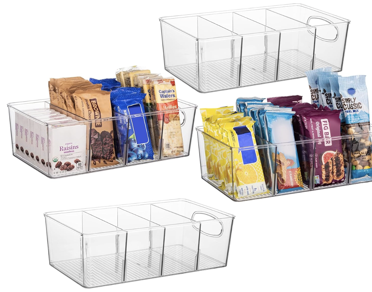 Clear stackable bins organizing snacks in a small pantry