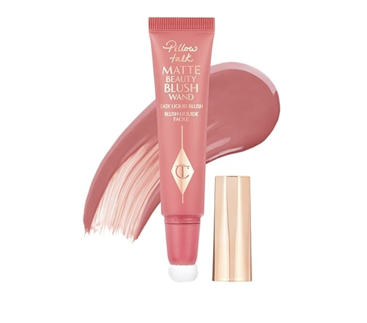 Charlotte Tilbury Matte Beauty Blush Wand in Pillow Talk, a liquid blush for a natural, flushed look with a sponge applicator.