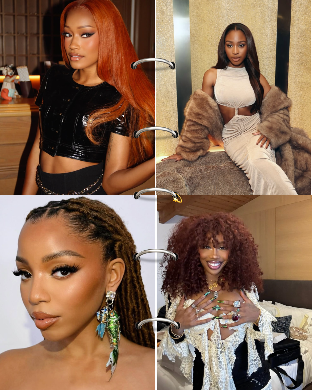 A collage of four Black women showcasing different flattering hair colors: honey blonde waves on SZA, a warm auburn sew-in, platinum blonde on Latto, and a sleek jet-black style.