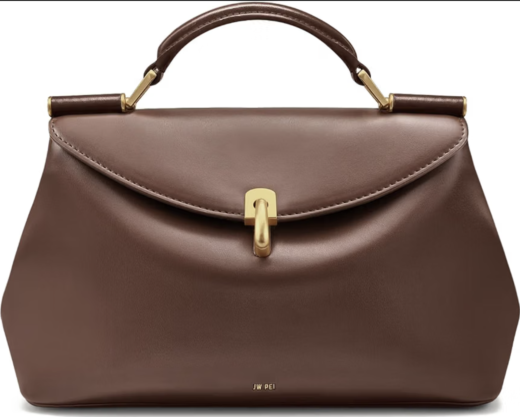 JW PEI Audrey vegan leather flap lock top handle bag in brown with gold twist closure