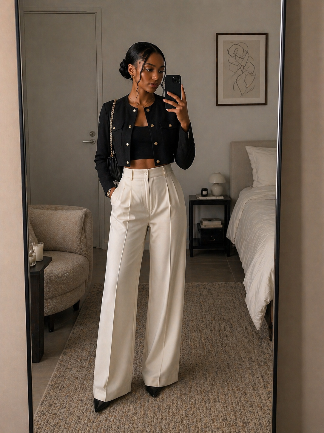 A woman with a petite frame wearing a cropped black jacket over a black top and dark trousers, demonstrating the rule of thirds with a 1/3 top and 2/3 bottom proportion.