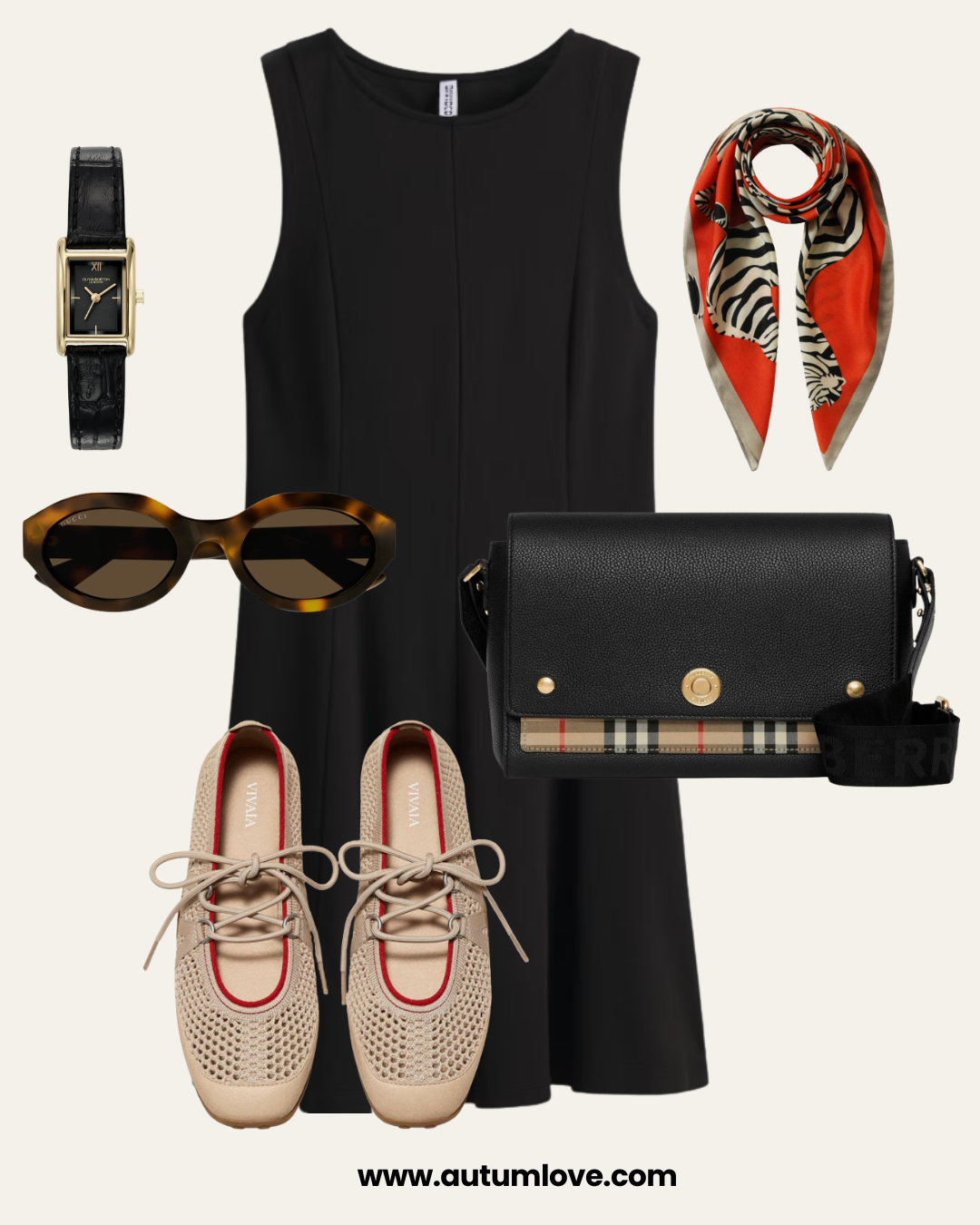 A fashion flat lay for a brunch outfit featuring beige mesh sneakerina shoes, a black sleeveless mini dress, a Burberry plaid crossbody bag, a gold rectangular watch, and tortoiseshell sunglasses.