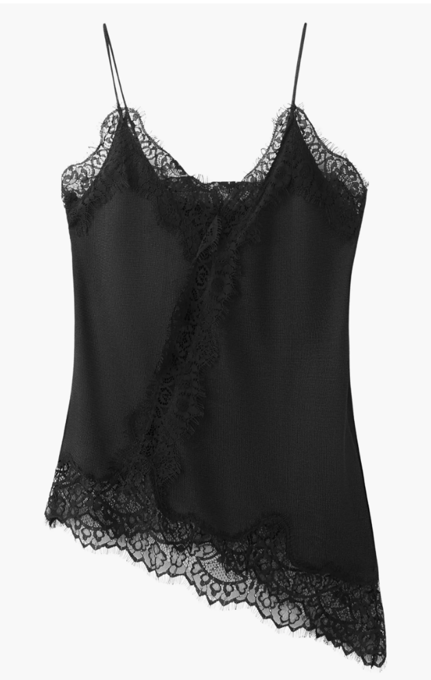 Black sheer camisole with delicate lace trim along the neckline and hem, featuring thin spaghetti straps and an asymmetric lace overlay design.