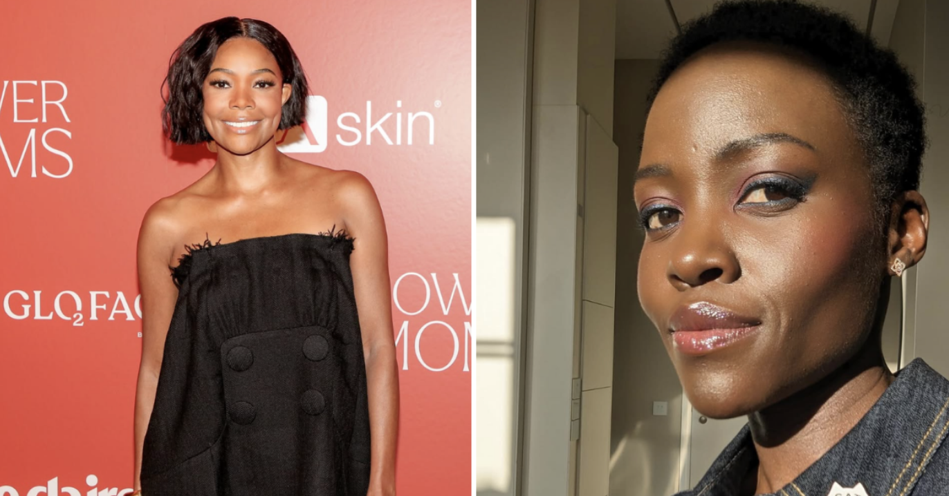 Side-by-side comparison of Gabrielle Union and Lupita Nyong'o, highlighting the strong, defined jawlines and angular bone structure characteristic of a square face shape."