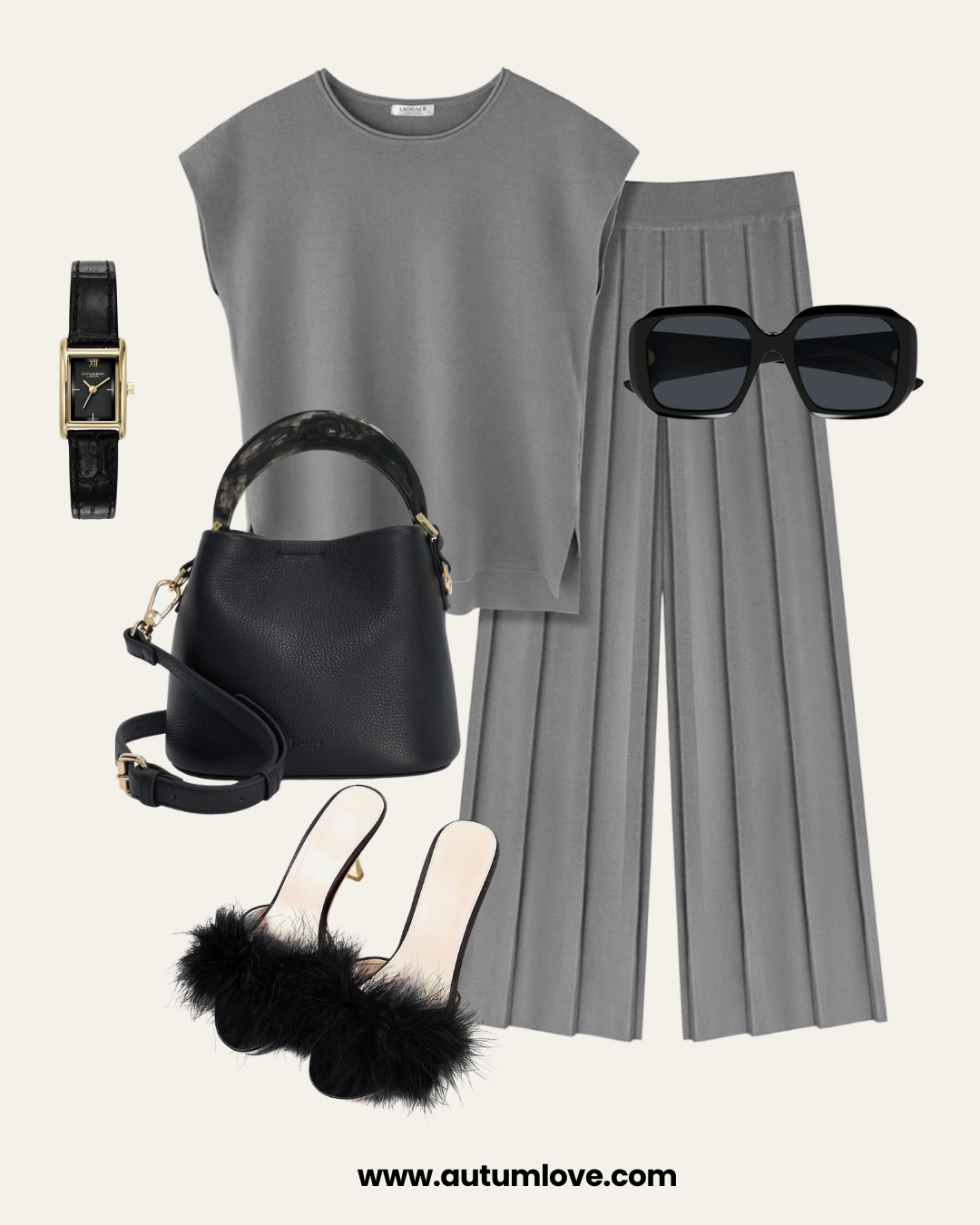 Graphic showing how to wear kitten heels with a grey sleeveless knit top and matching pleated trousers co-ord set, black feather-trimmed heels, and a black structured handbag.