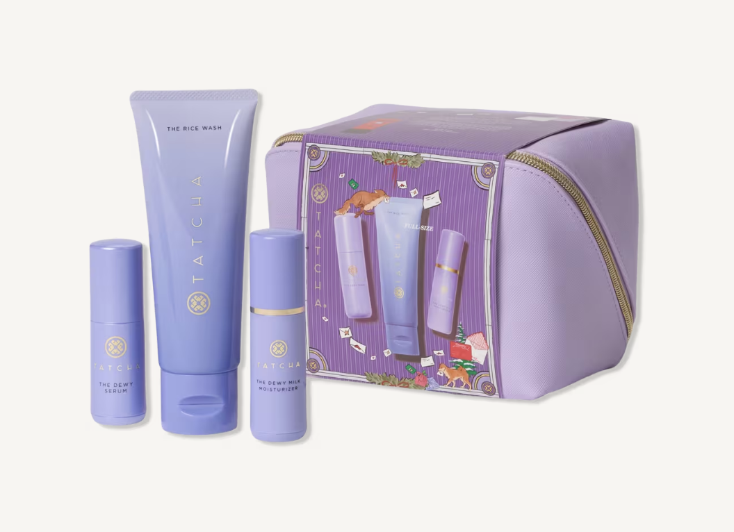 Tatcha Dewy Skin To Go skincare gift set with travel pouch