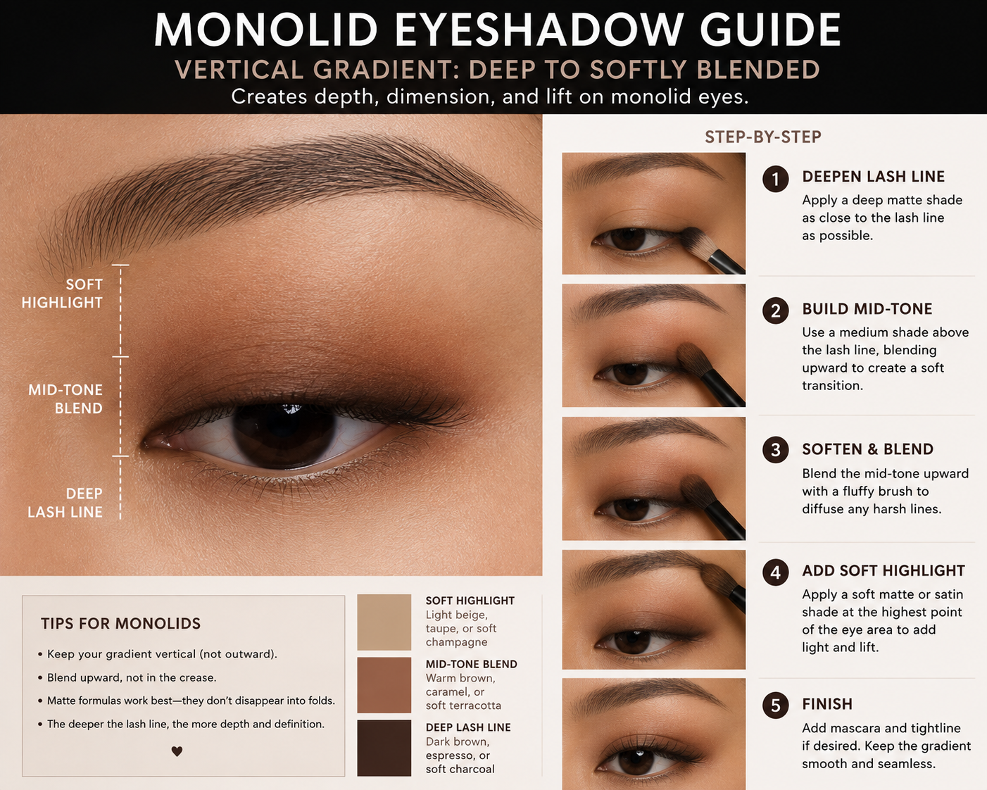 Vertical eyeshadow gradient from deep lash-line color to a softly blended shade on monolid eyes.