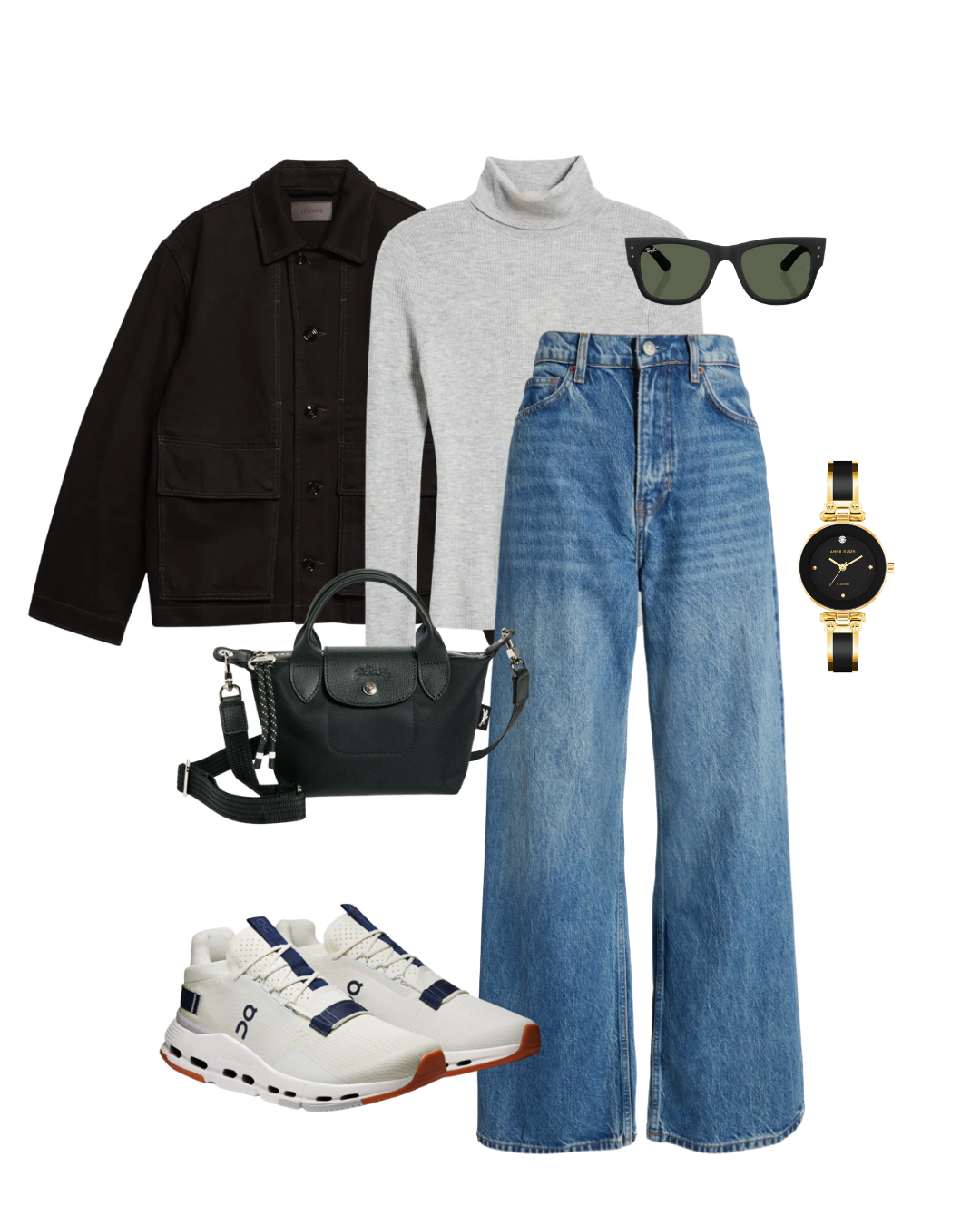 Flat lay outfit grid featuring a black denim jacket, grey fitted turtleneck sweater, straight-leg blue jeans, black cross-body bag, white running sneakers, and sunglasses.