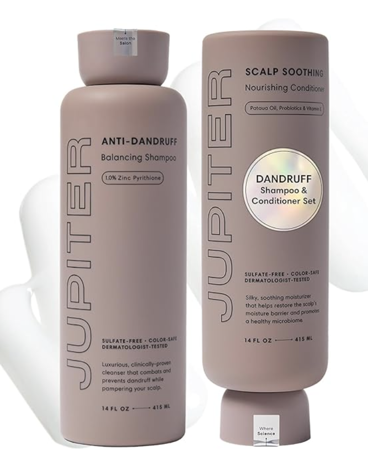 Two bottles of Jupiter Anti-Dandruff Balancing Shampoo with 1% Zinc Pyrithione for scalp relief and flake control.