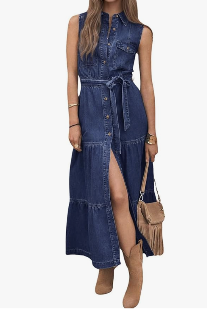 Dark denim button-front midi dress styled with tan suede ankle boots.
