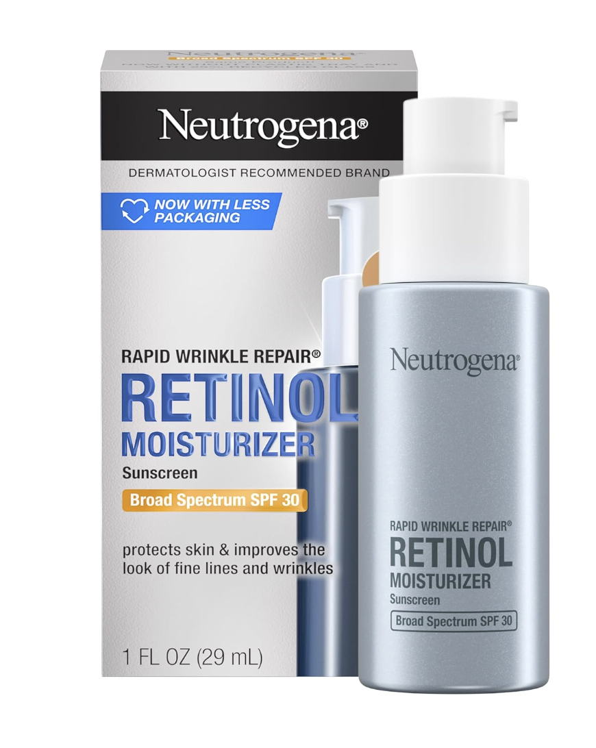 Neutrogena Rapid Wrinkle Repair Retinol Moisturizer packaging and bottle, a top-rated anti-aging face cream for women over 50.