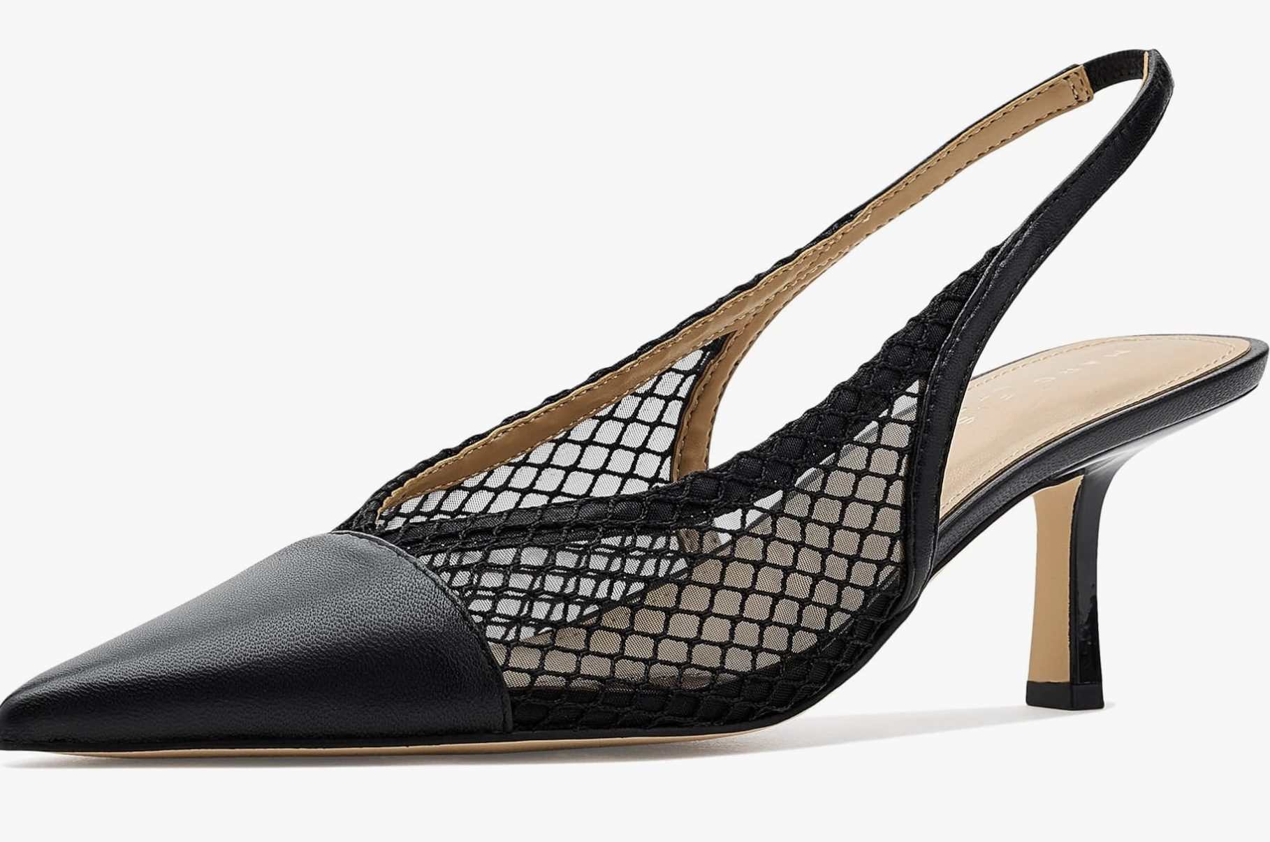 Side profile of the Marc Fisher LTD Gipsi black mesh slingback heels with a pointed toe and micro-heel.