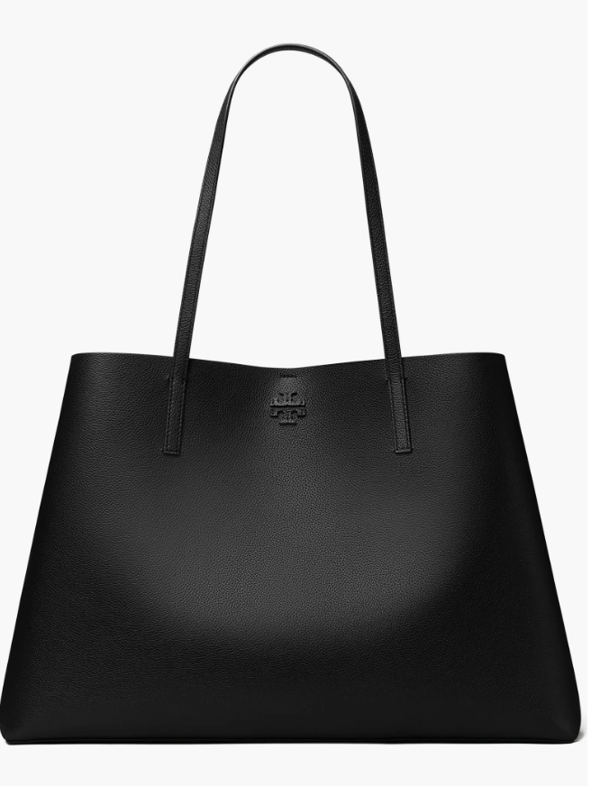 A structured black leather work tote bag with top shoulder handles and a minimalist gold logo detail.