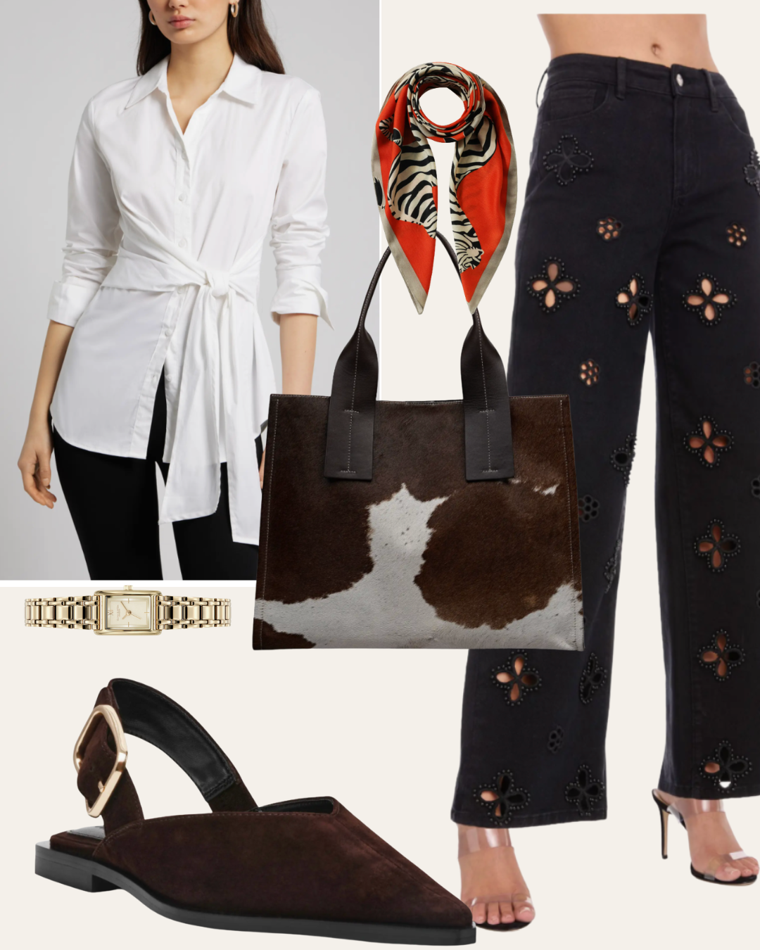 A collage of Nordstrom spring fashion finds including a cowhide Radley London tote, a gold Olivia Burton watch, dark brown Steve Madden slingback flats, and black pearl-embellished jeans.