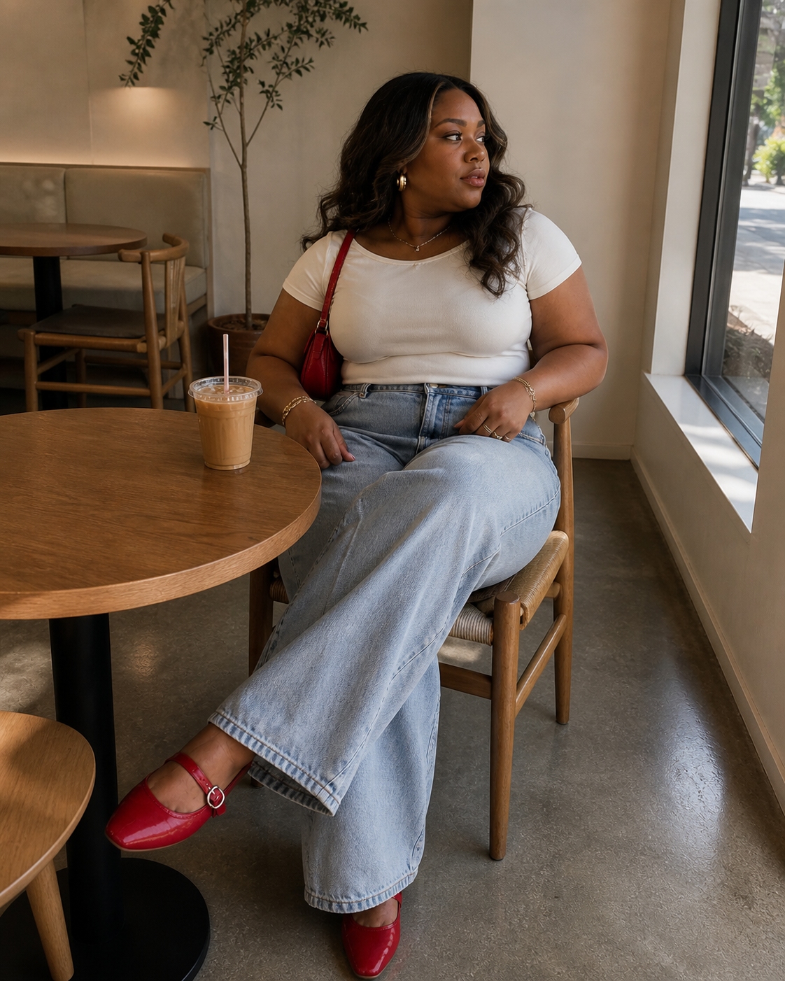 Fashion editor wearing bright cherry red mary jane ballet flats with light-wash wide-leg jeans, demonstrating the "Pop of Red" outfit formula for 2026.