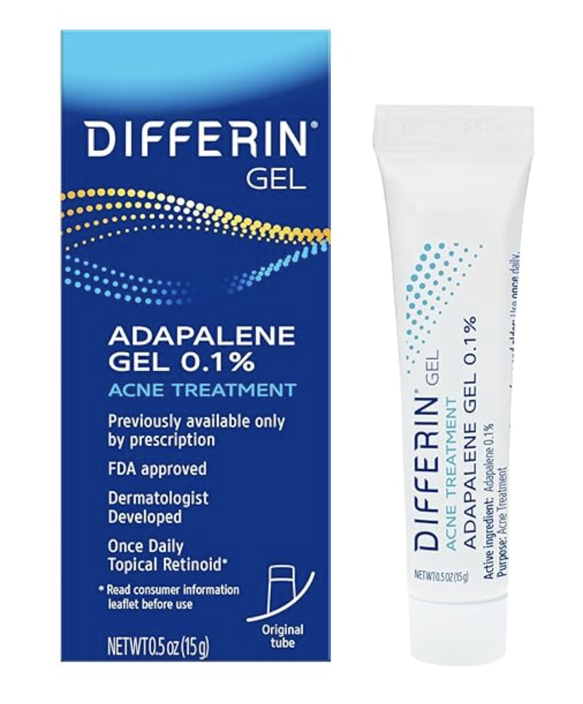 A box and tube of Differin Adapalene Gel 0.1% acne treatment.