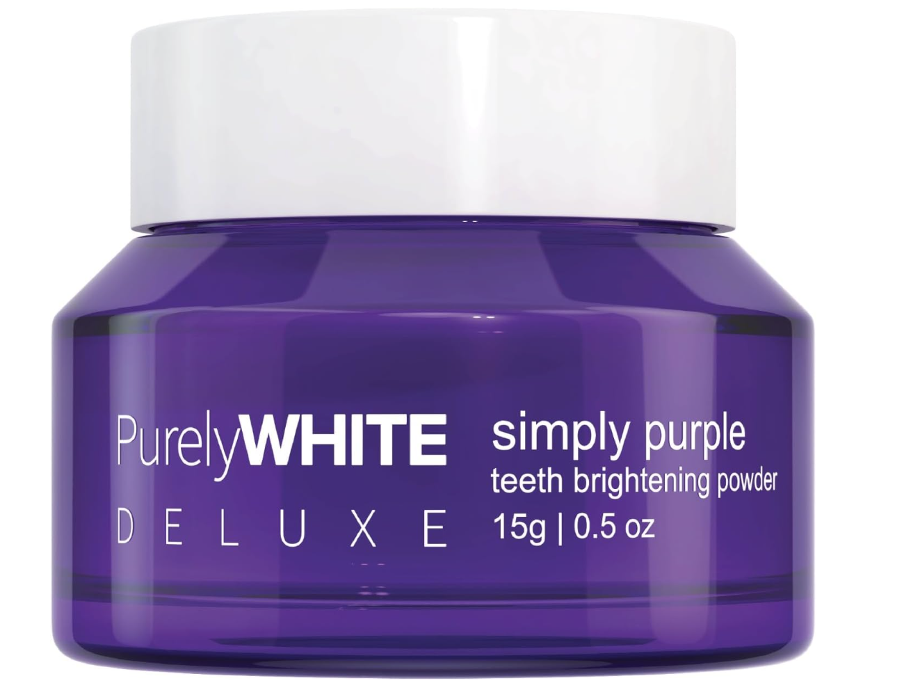 Close-up of the PurelyWHITE Deluxe Simply Purple Teeth Brightening Powder jar ($0.5 oz) on a white and gray mesh background.