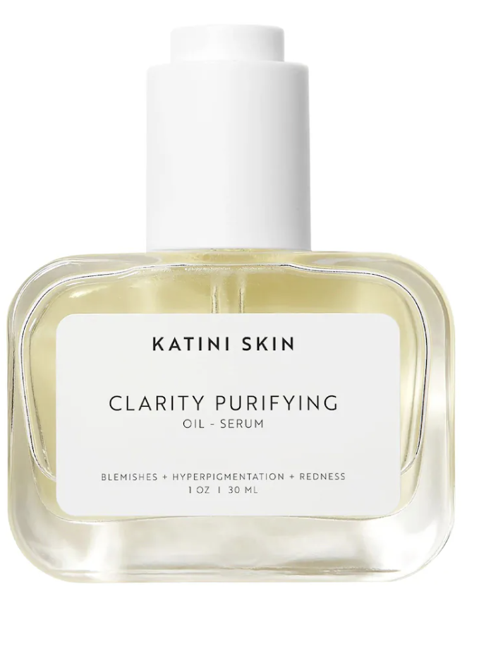 Katini Skin Hoba Clarity Purifying Facial Oil Serum in a frosted glass bottle with a white dropper, formulated to treat blemishes, hyperpigmentation, and redness on melanin-rich skin.
