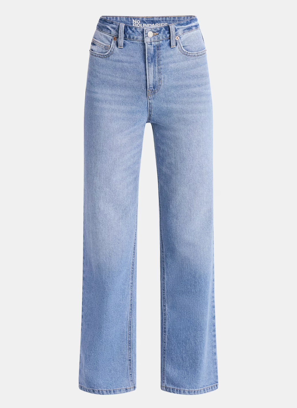 A pair of light-wash high-waisted straight-leg jeans with a finished hem, shown from the waist down.