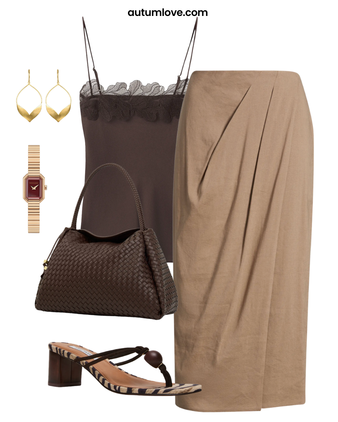 Product flat lay of a chic summer work outfit including a tan midi wrap skirt, a black spaghetti strap camisole, zebra-print block heel sandals, a dark brown woven leather shoulder bag, gold earrings, and a gold watch.