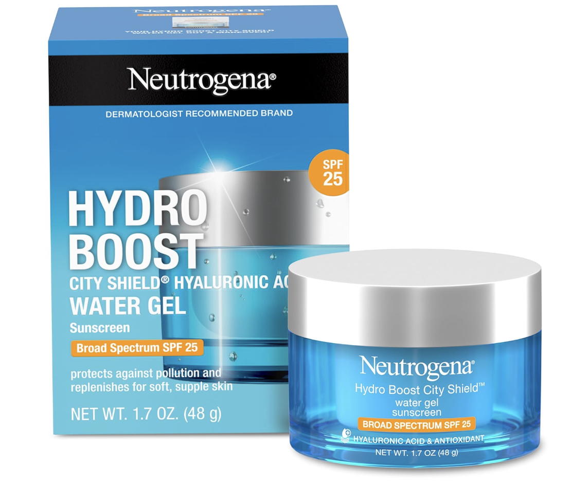 A bottle and box of Neutrogena Hydro Boost City Shield Water Gel with sunscreen broad spectrum SPF 25 displayed against a light blue background.