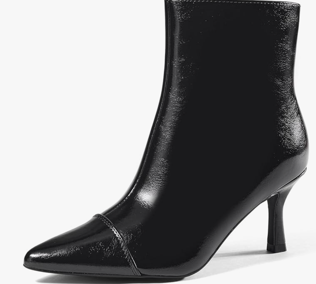 A studio product shot of the Amazon Pointed Toe 3 Inches Heel Ankle Boots in black, featuring a sleek pointed toe, a thin 3-inch stiletto heel, and a polished finish.