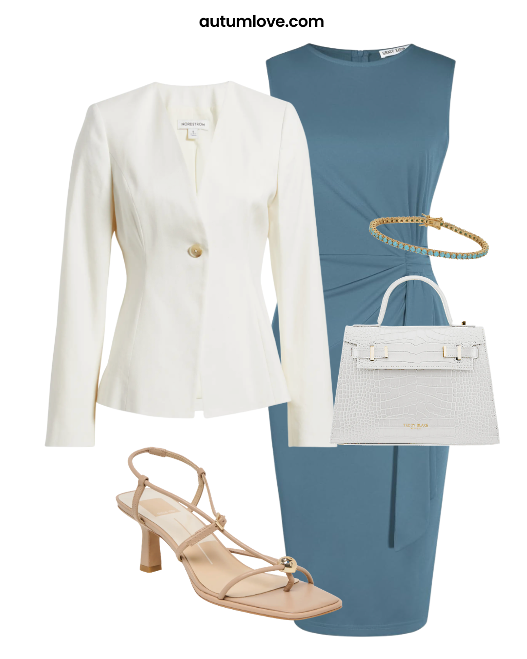 A slate blue sleeveless sheath dress paired with a cream blazer, white structured handbag, and nude strappy low heels.