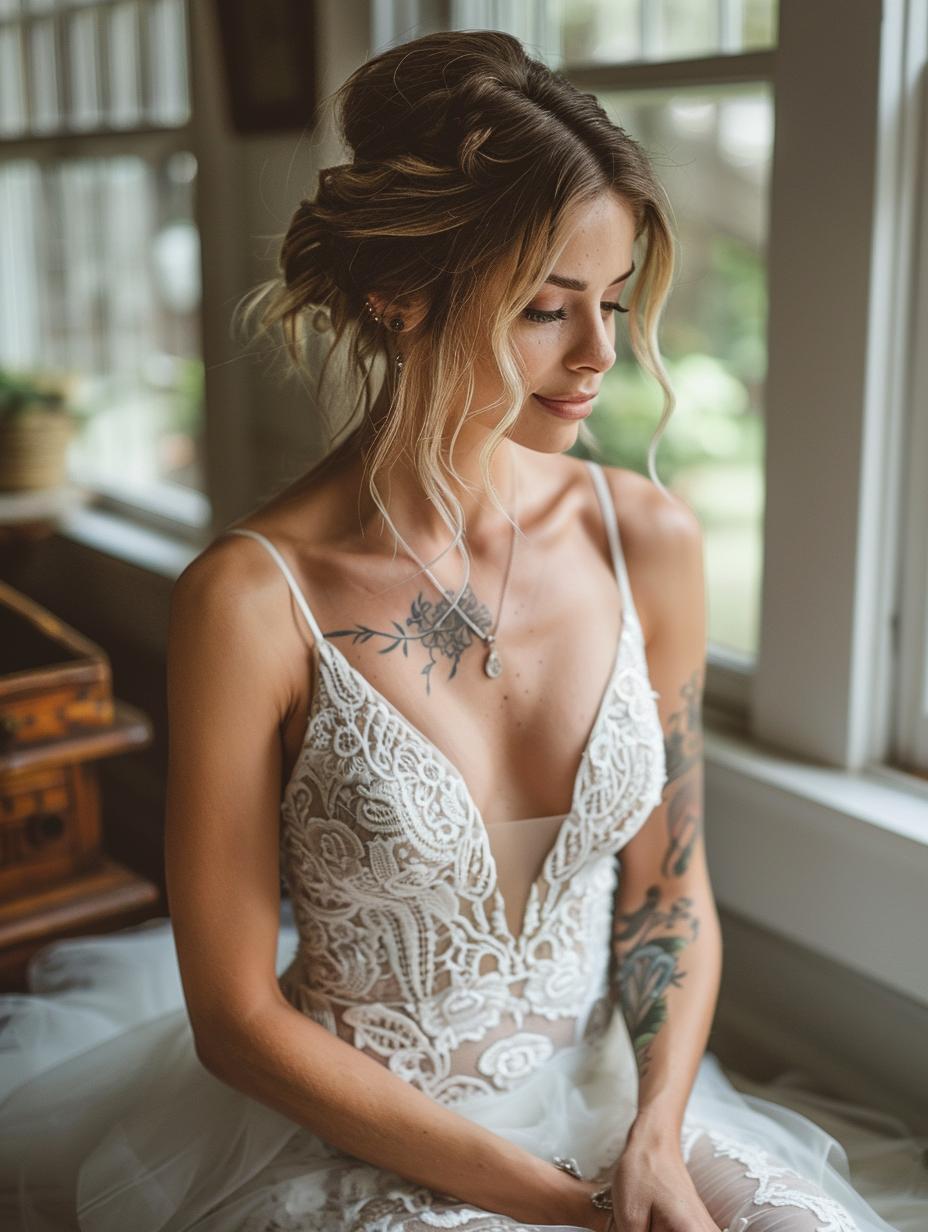 a  bride wearing a wedding dress showcasing her tattoos
