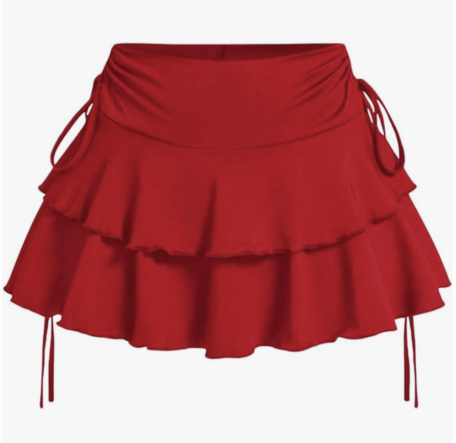 Fashion editor wearing a tiered red Y2k-style mini ruffle skirt, demonstrating a playful and functional 2026 color trend outfit formula.