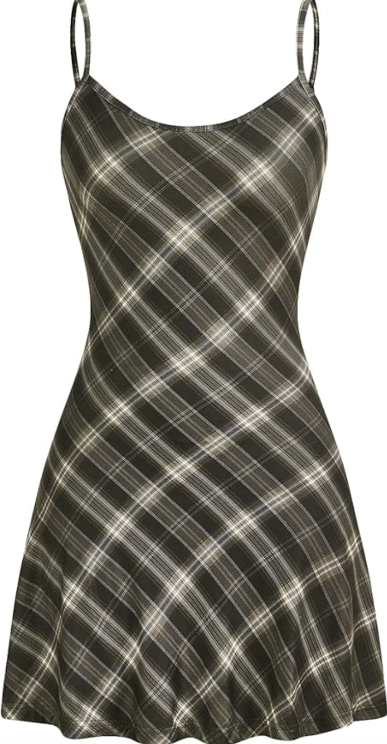 pro stylist-recommended plaid spaghetti strap cami dress featuring a dark green and brown checkered pattern, perfect for the "Dres