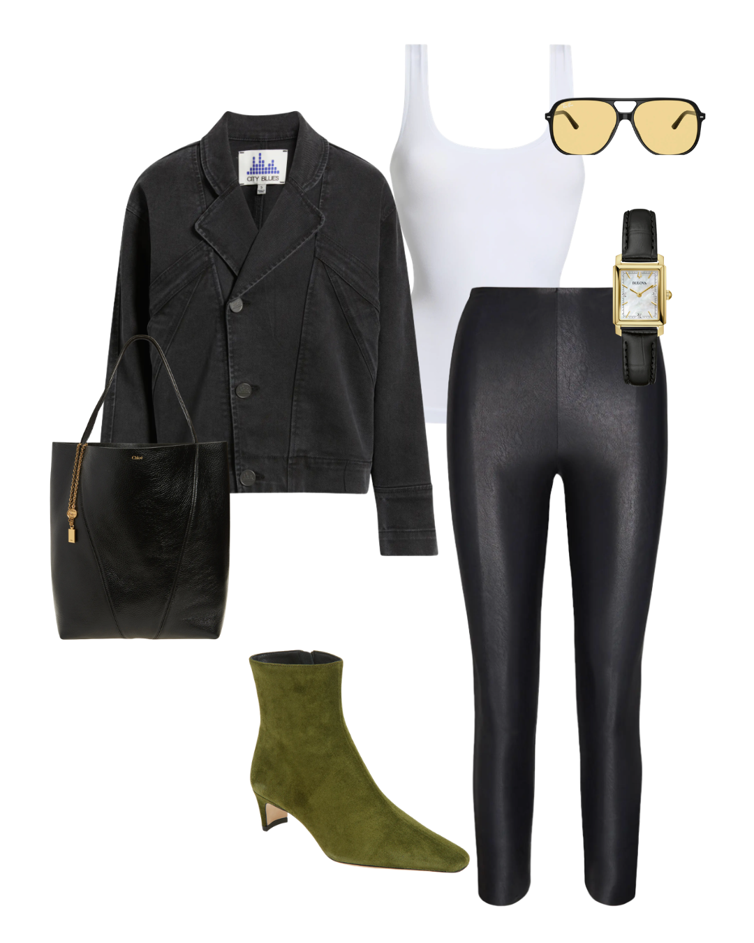 Flat lay outfit grid featuring a black denim jacket, white tank top, black faux leather leggings, olive green suede ankle boots, black leather tote bag, yellow-tinted sunglasses, and a perfume bottle.